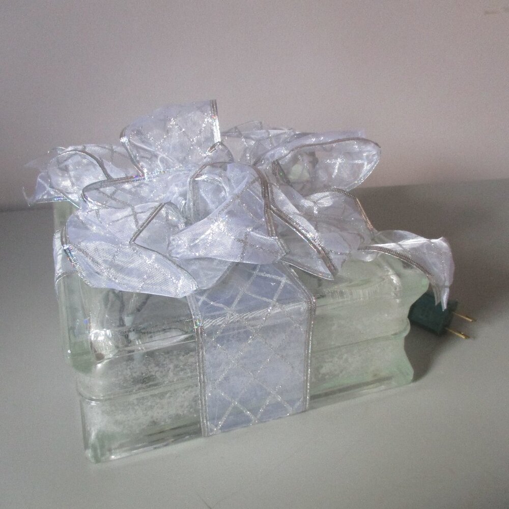 Lighted Glass Block w/ Silver Ribbon Christmas Present
